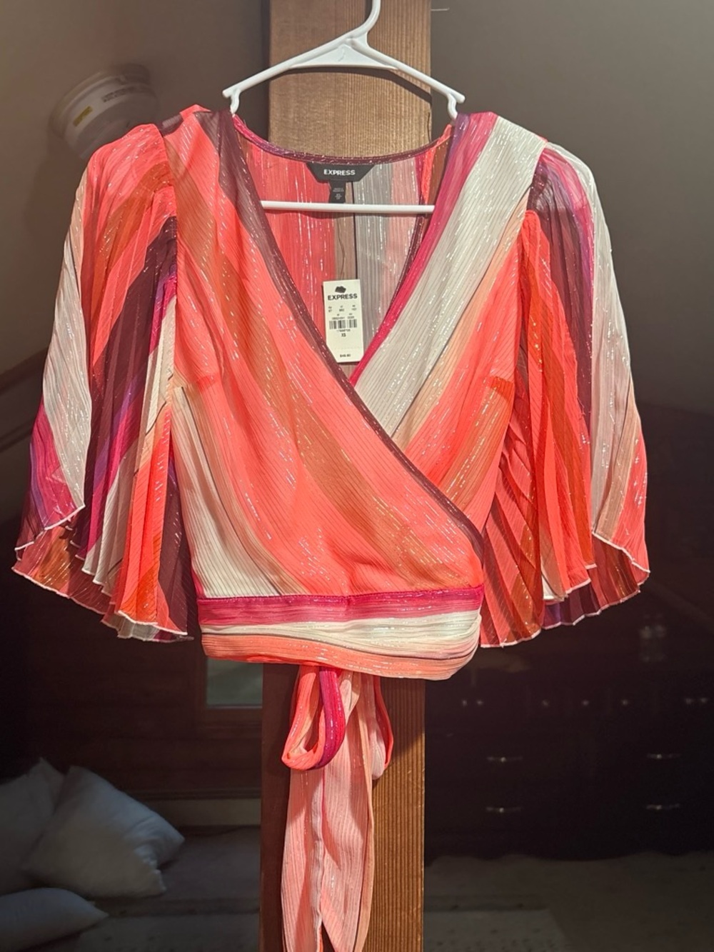 Express Multicolor Pink & Coral Stripe Wrap Blouse
